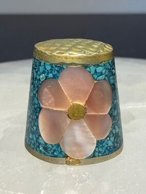 Hand Crafted Thimble with Turquoise & Pink Mother of Pearl Floral Inlay Accents